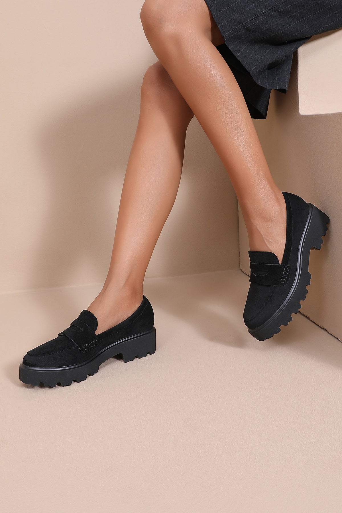 Francena Black Suedette Chunky Loafers