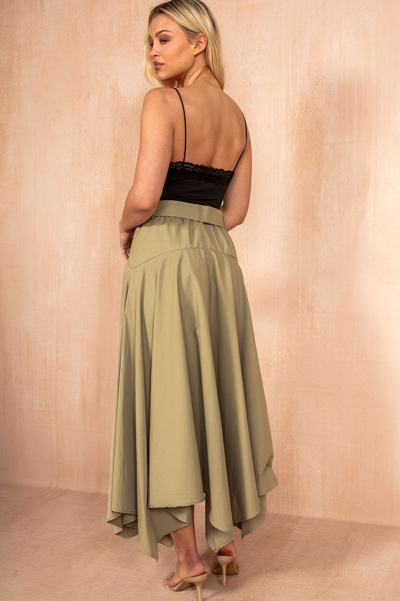 Frankie Green Asymmetrical Belted Midi Skirt