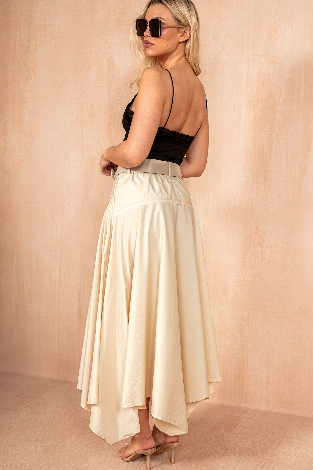 Frankie Stone Asymmetrical Belted Midi Skirt