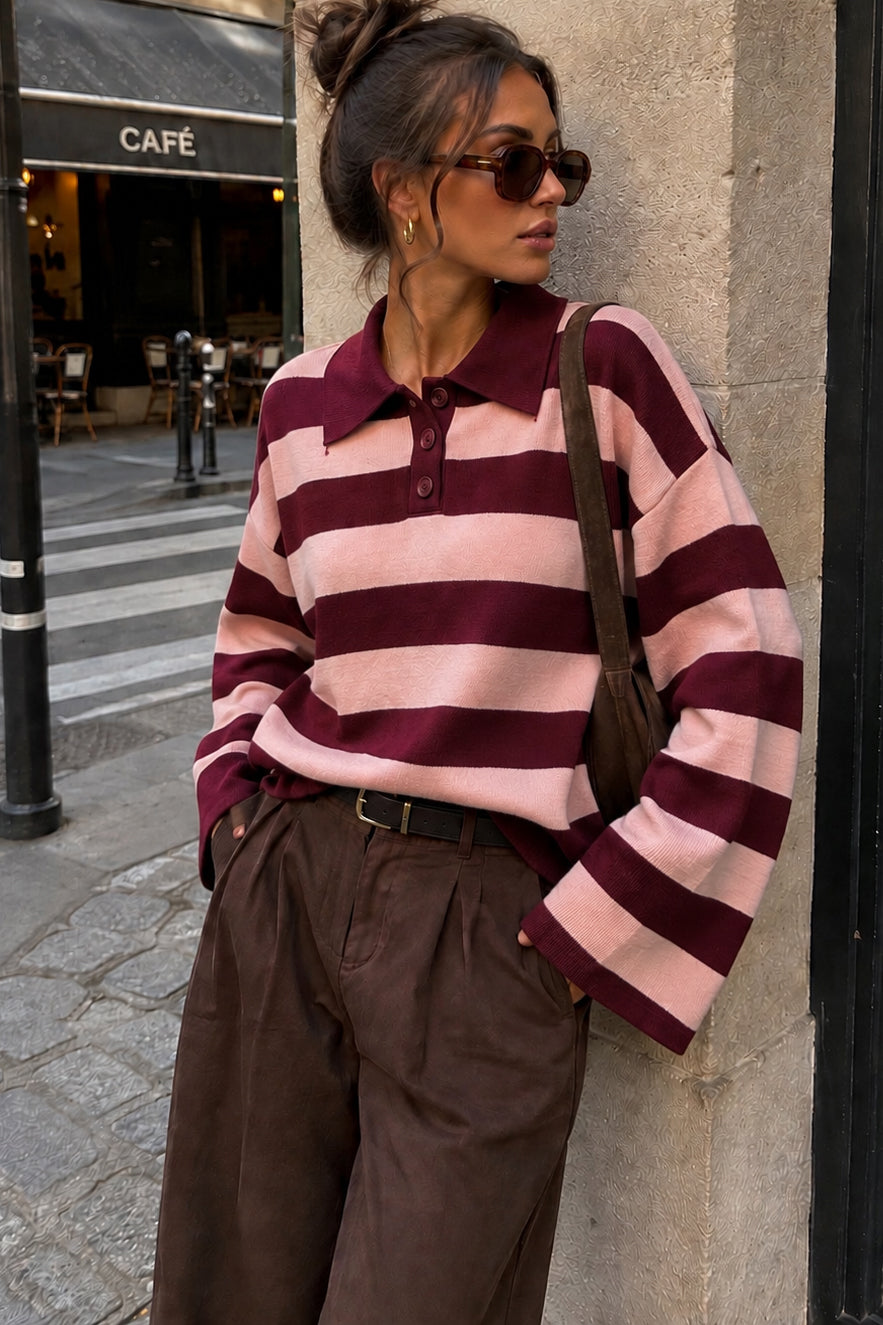 Gabriela Burgundy & Pink Knit Striped Polo Top