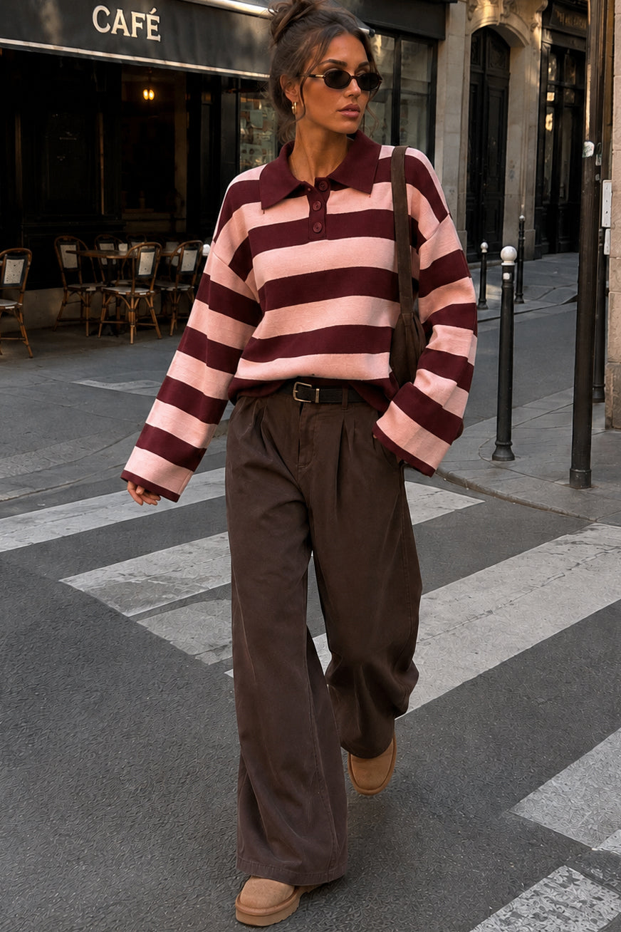 Gabriela Burgundy & Pink Knit Striped Polo Top