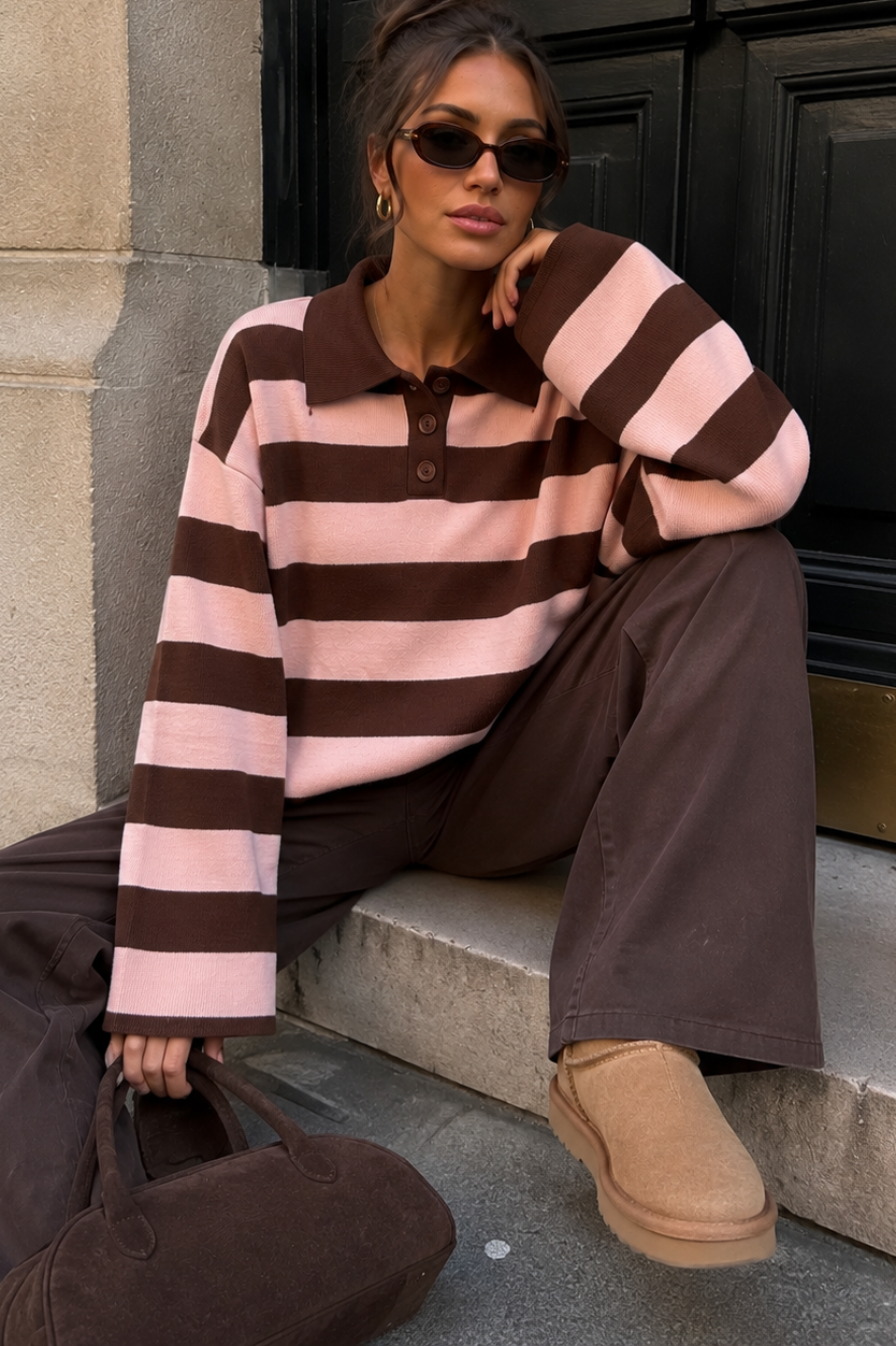Gabriela Pink & Chocolate Knit Striped Polo Top