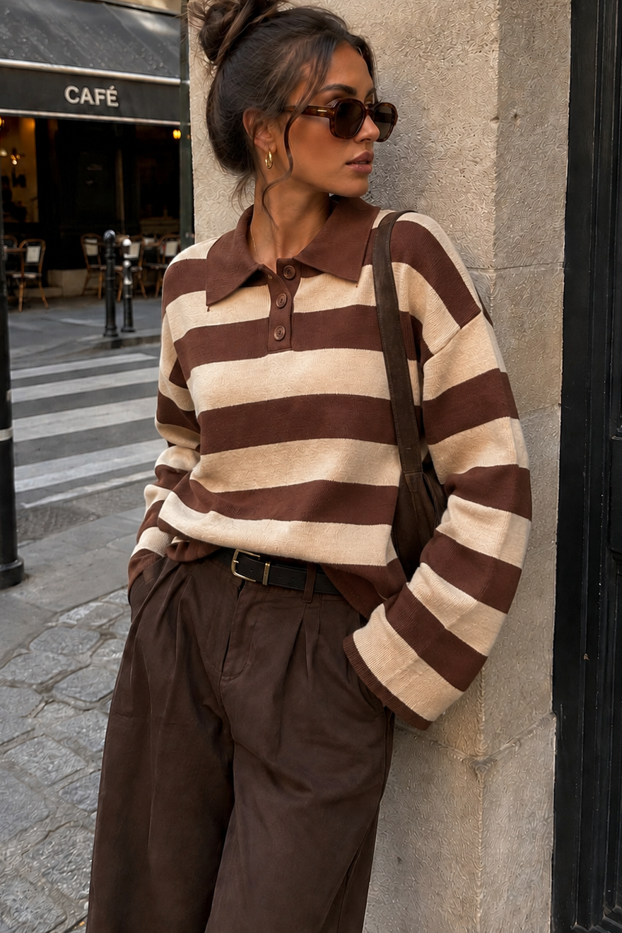 Gabriela Stone & Chocolate Knit Striped Polo Top