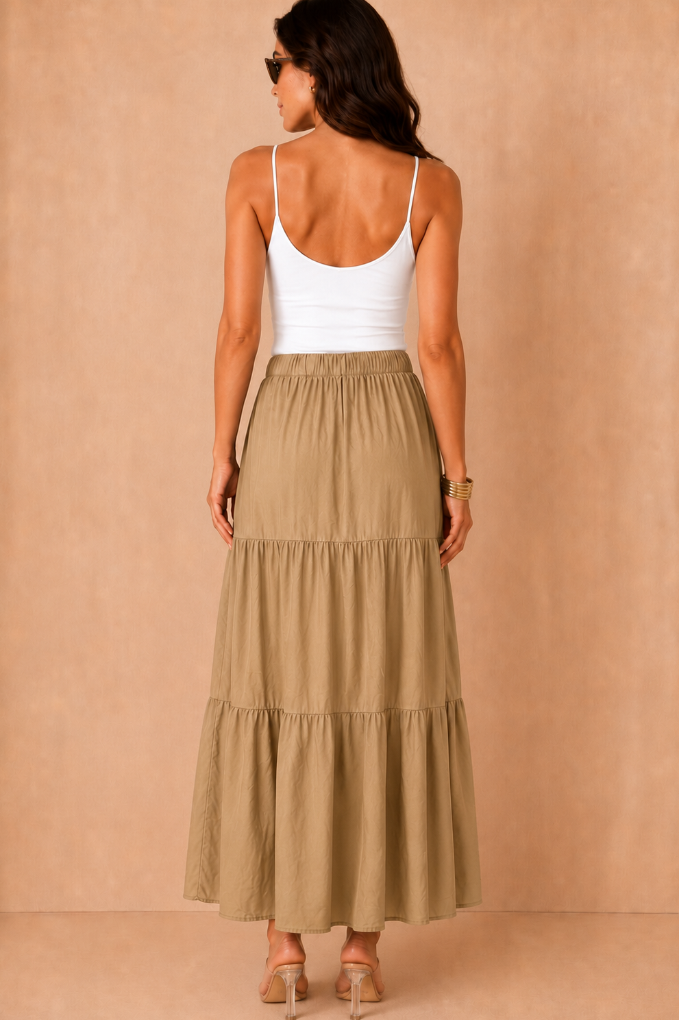 Gigi Camel Tiered Boho Maxi Skirt