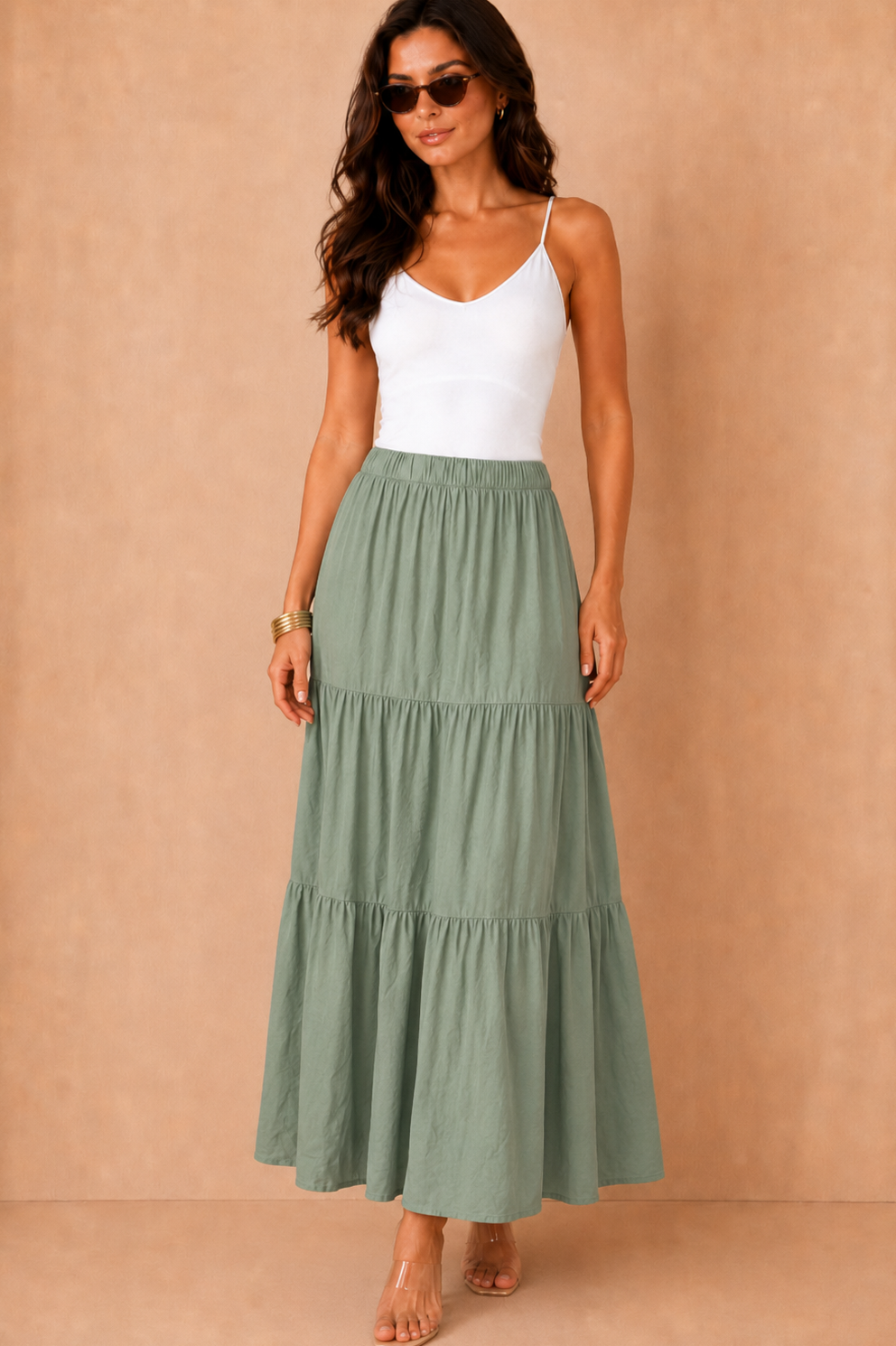 Gigi Khaki Tiered Boho Maxi Skirt