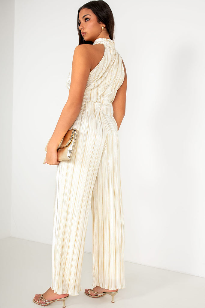Girl In Mind Gwen Cream and Gold Plisse Jumpsuit
