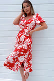 Girl In Mind Maria Red Satin Floral Dress