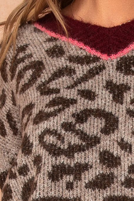 Glenda Burgundy Knit Leopard Print Jumper
