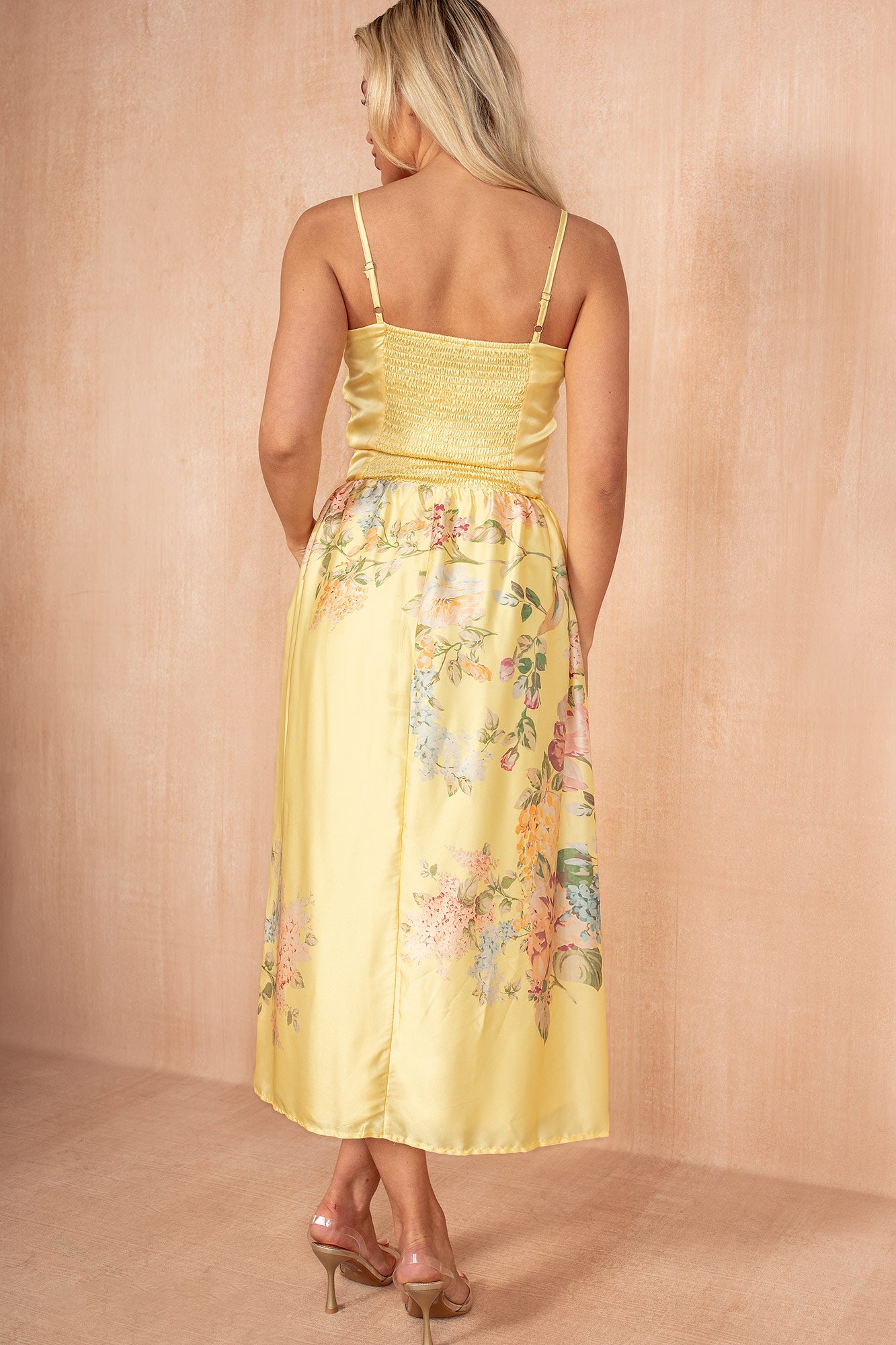 Goldie Soft Yellow Floral Strappy Midi Dress