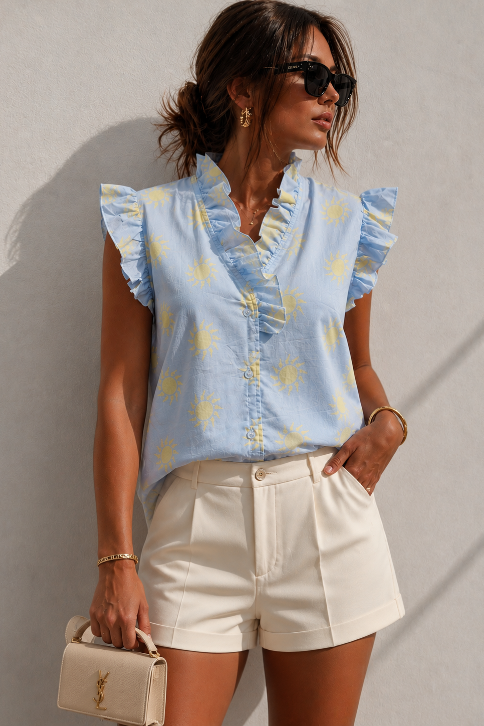 Harlen Blue Sun Print Frill Blouse