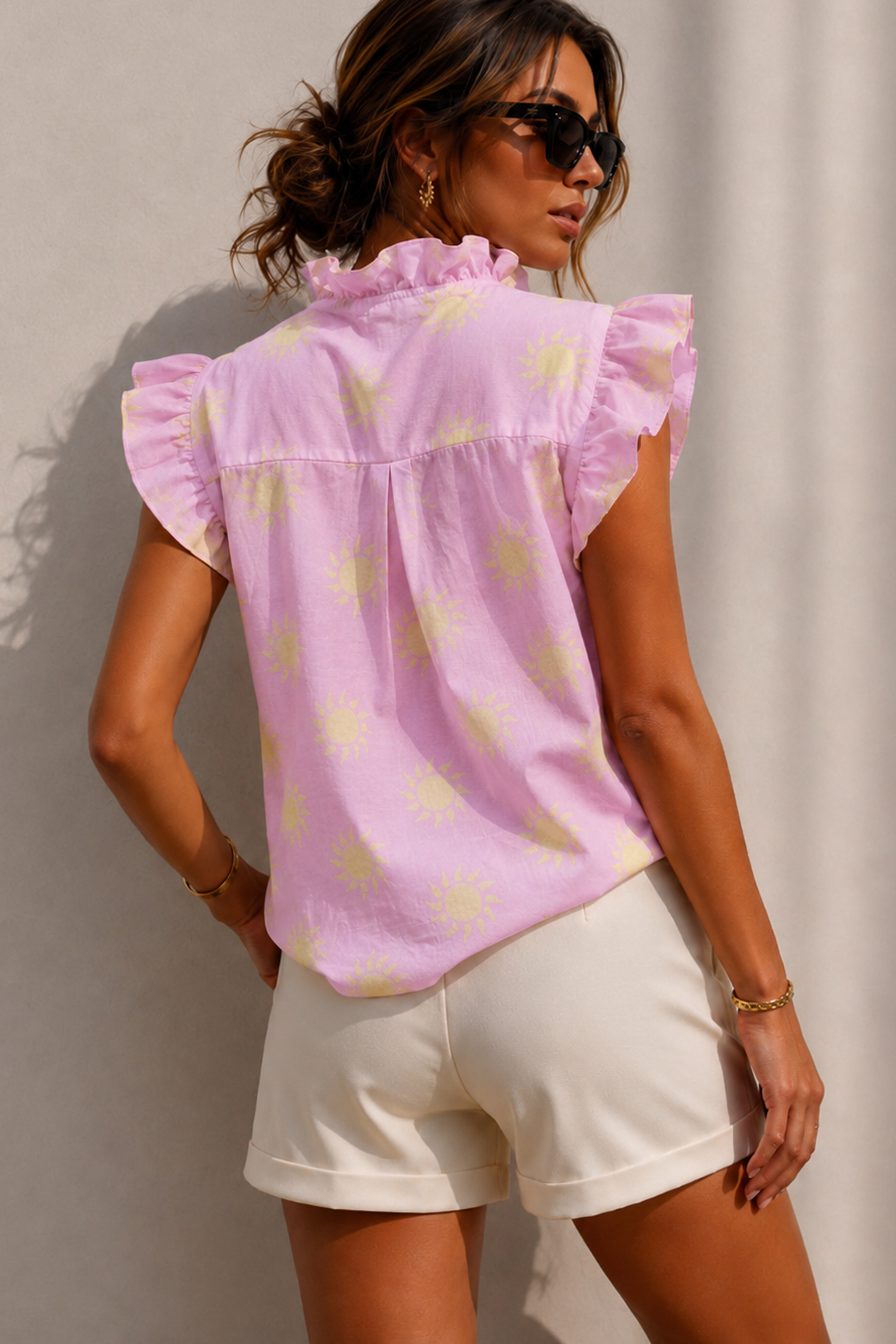 Harlen Pink Sun Print Frill Blouse