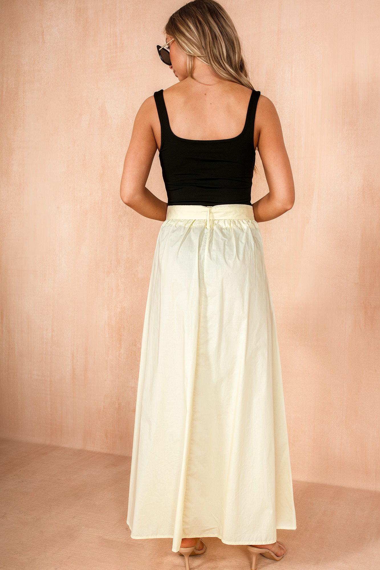 Hattie Soft Yellow Cotton Pleated Midi Skirt