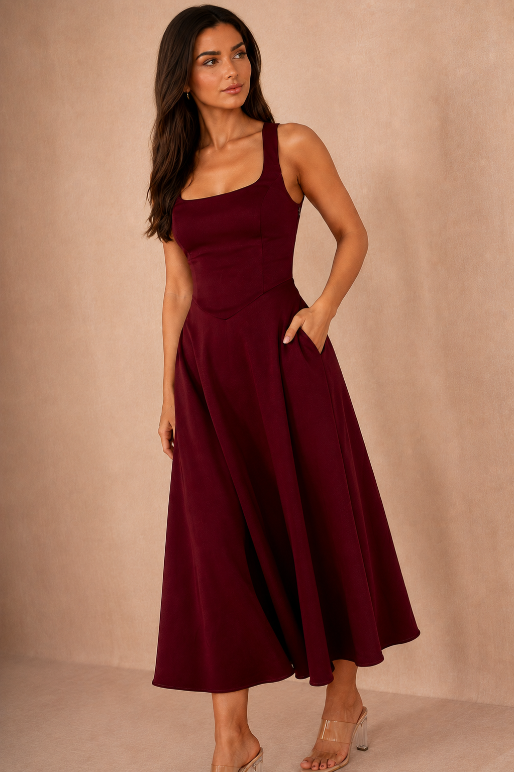 Henley Burgundy Square Neck Scuba Dress