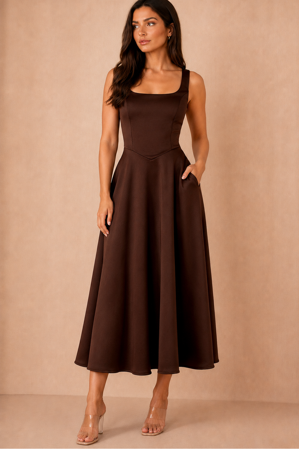 Henley Chocolate Square Neck Scuba Dress