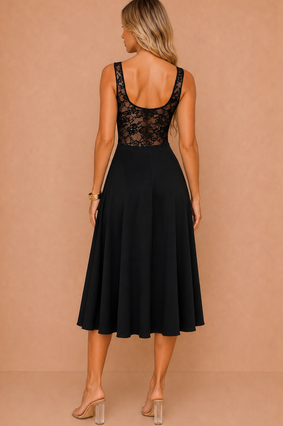 Hermione Black 2 in 1 Contrast Lace A-Line Midi Dress