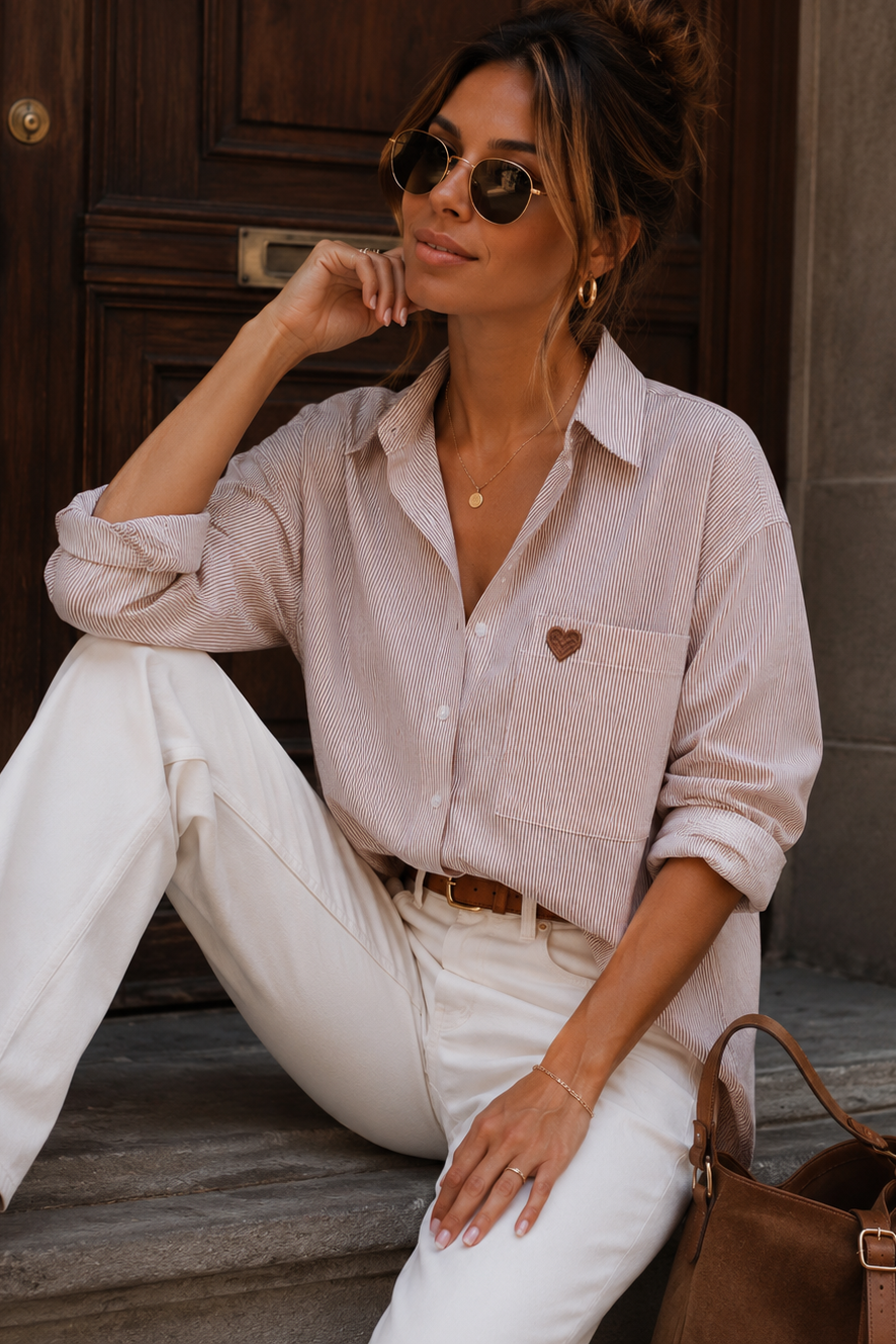 Ida Caramel Striped Heart Print Shirt