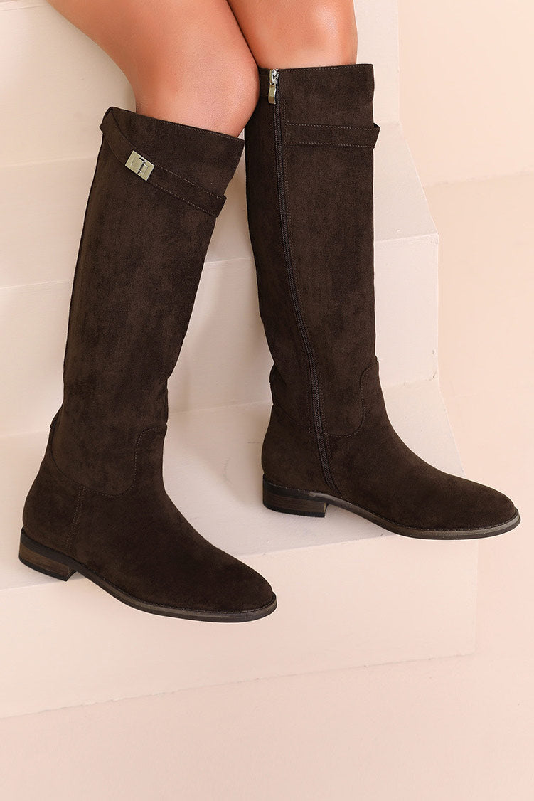 Iris Dark Brown Suedette Knee High Riding Boots