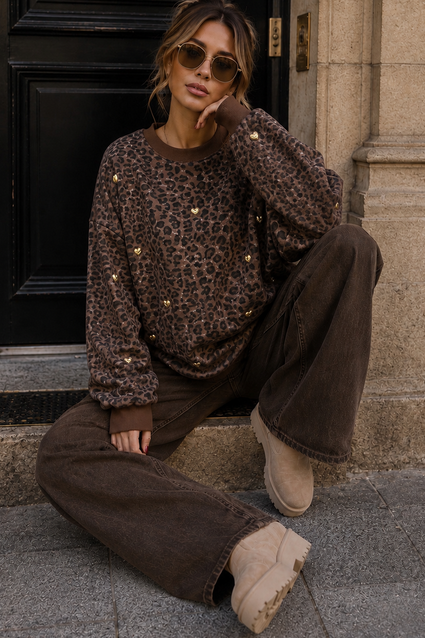 Irmina Leopard Print Studded Heart Sweater