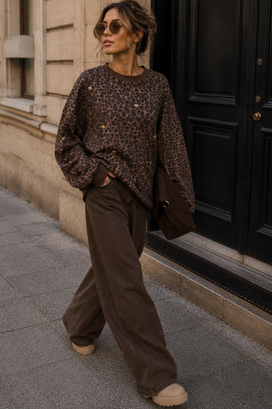 Irmina Leopard Print Studded Heart Sweater