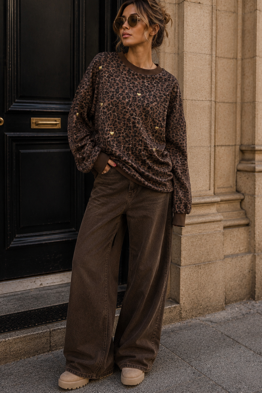 Irmina Leopard Print Studded Heart Sweater