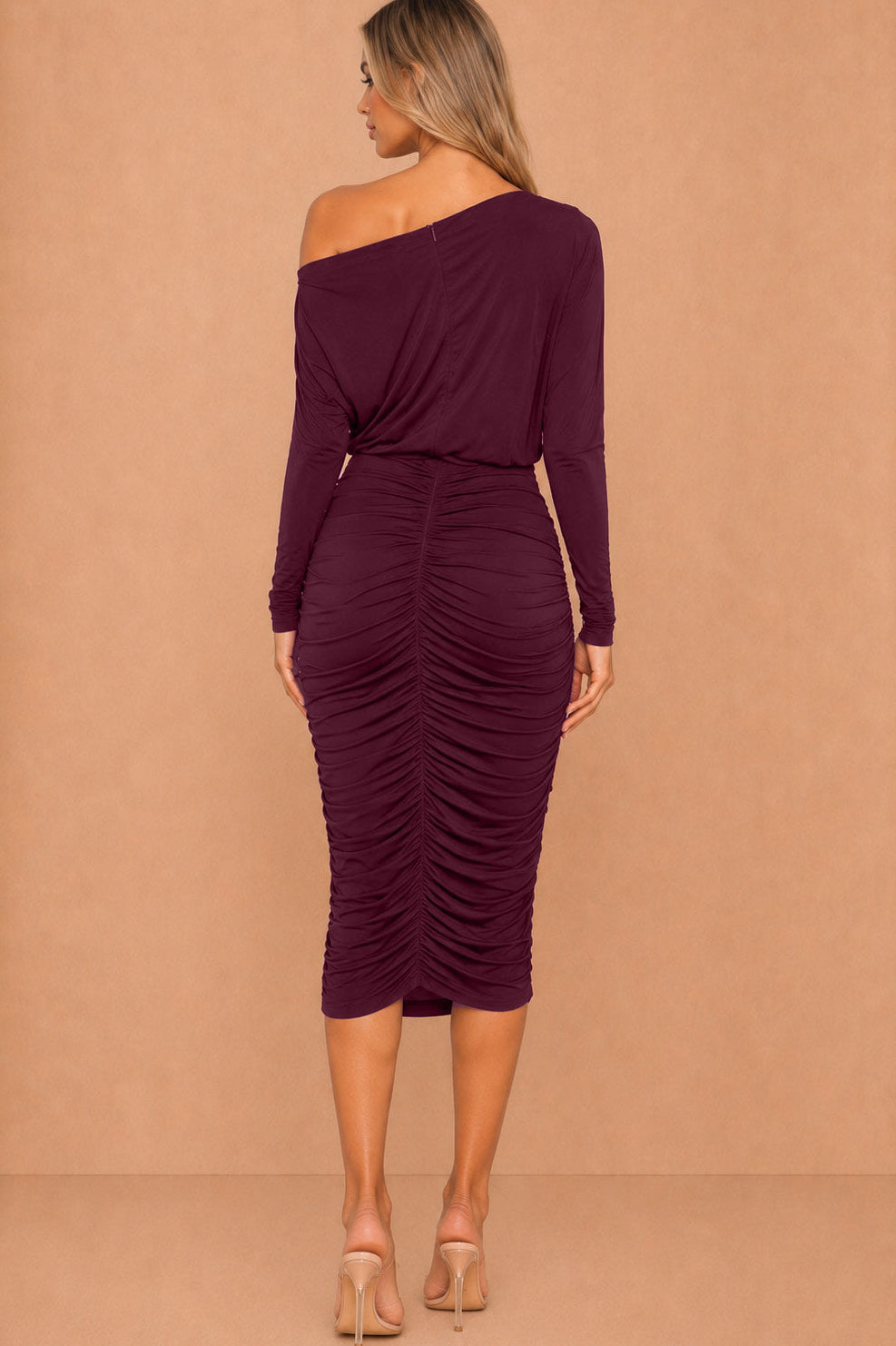Isabella Plum Off The Shoulder Ruched Midi Dress