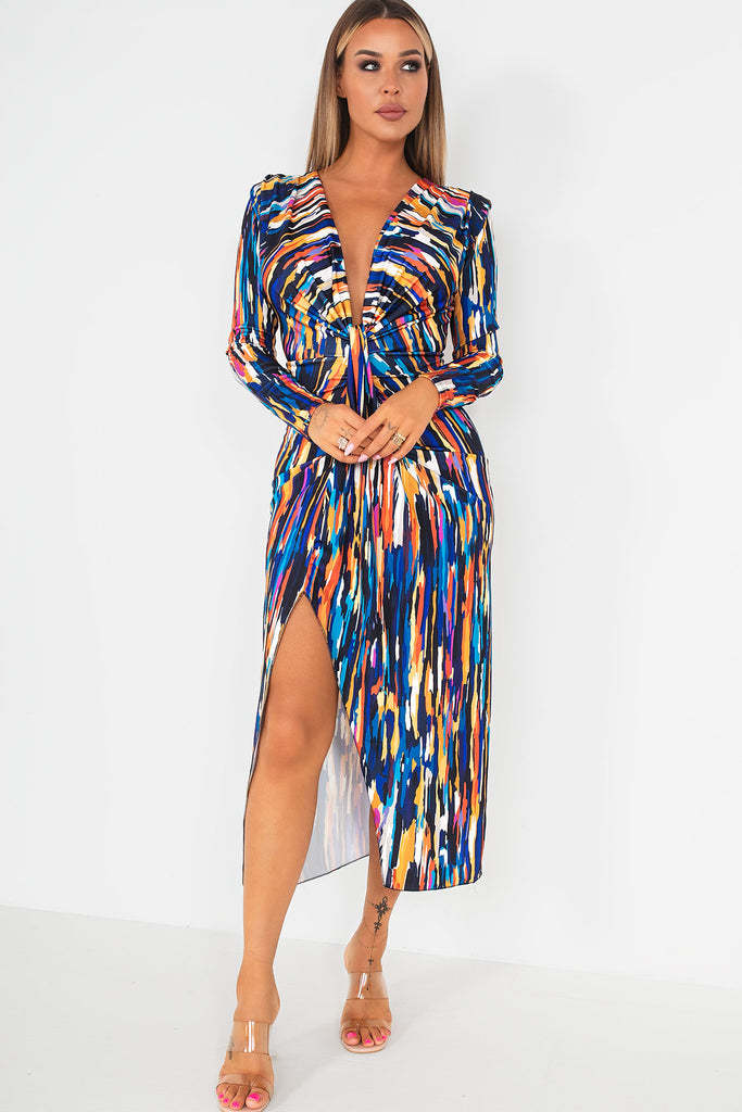 Ivy Blue Printed Knot Front Midi Dress