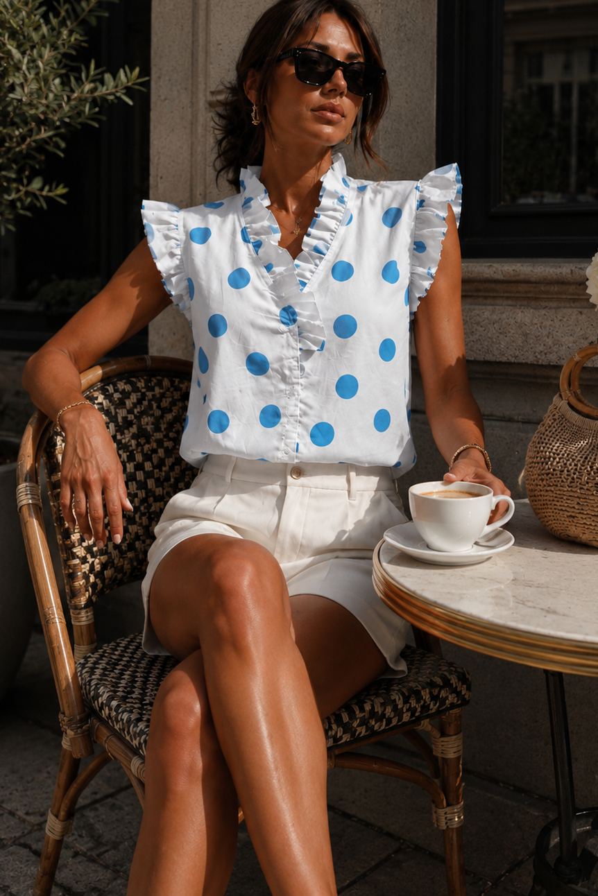 Jade White Polka Dot Frill Blouse