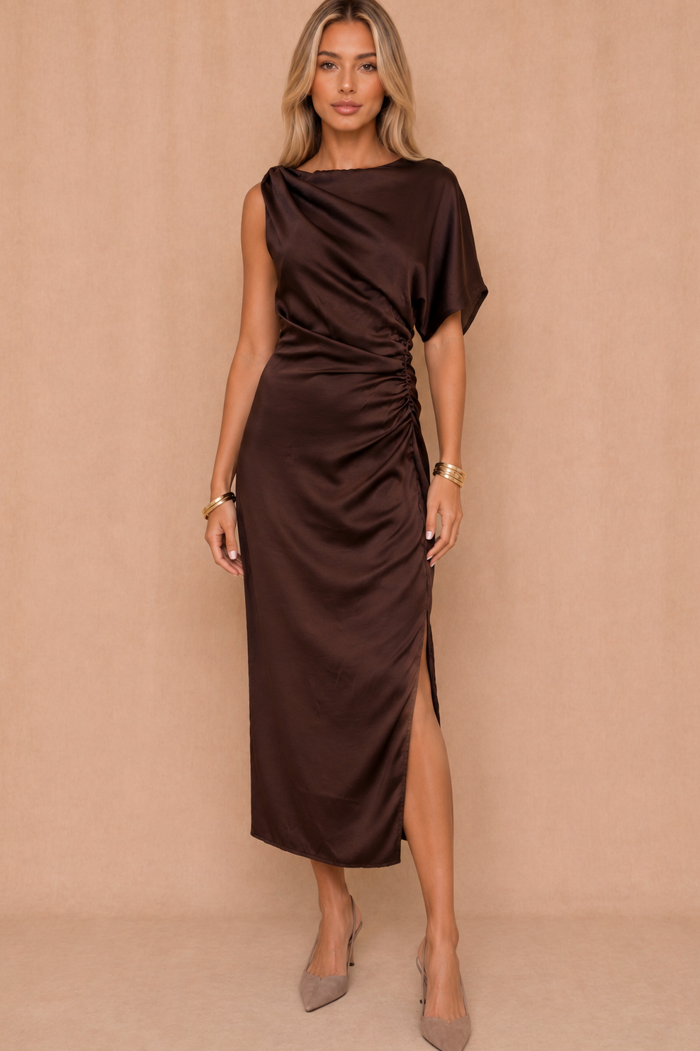 jaiden-chocolate-satin-one-sleeve-ruched-midi-dress