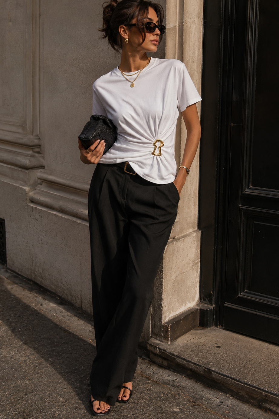 Jasmine White Cotton Ruched Gold Buckle Top
