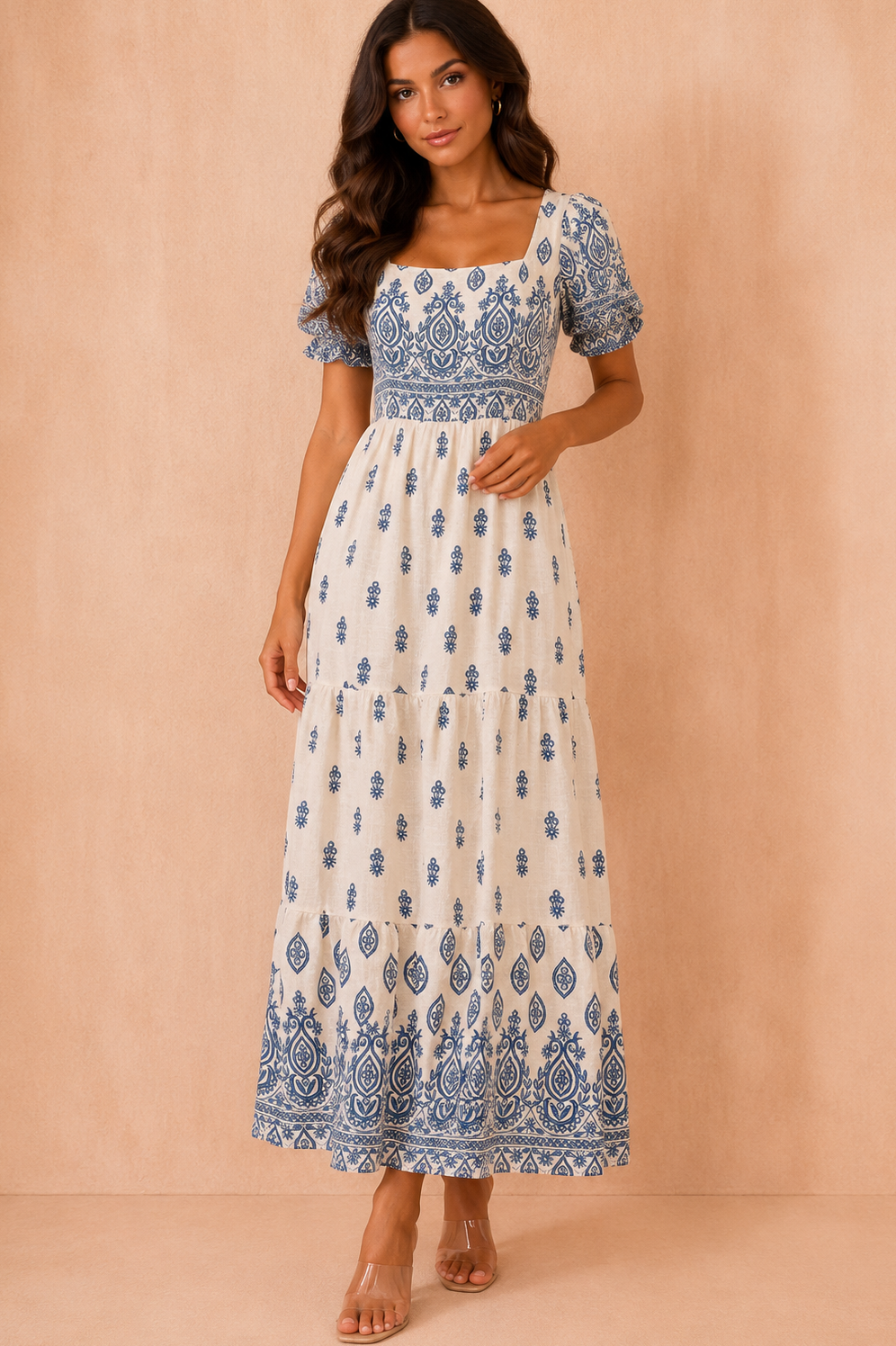 Jazmin Blue Border Print Midi Dress
