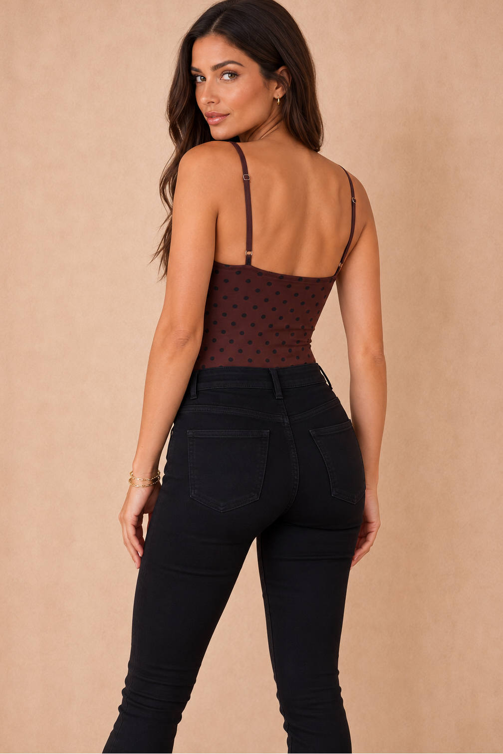 Jessalyn Chocolate Polka Dot Slinky Bodysuit