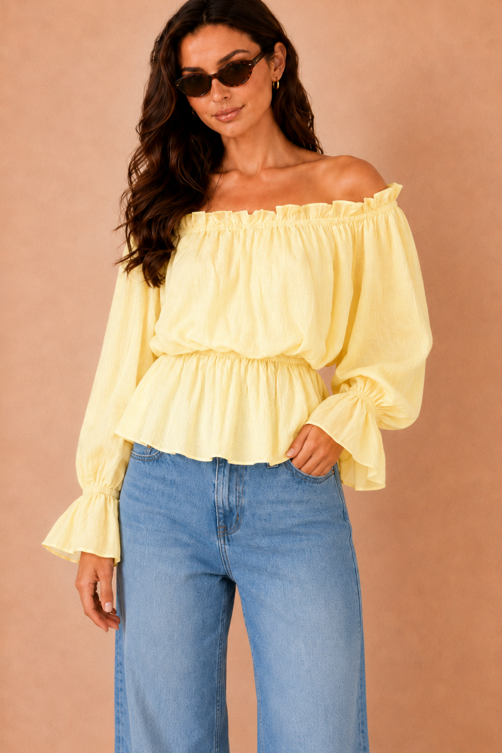 Jocelyn Yellow Bardot Frill Top