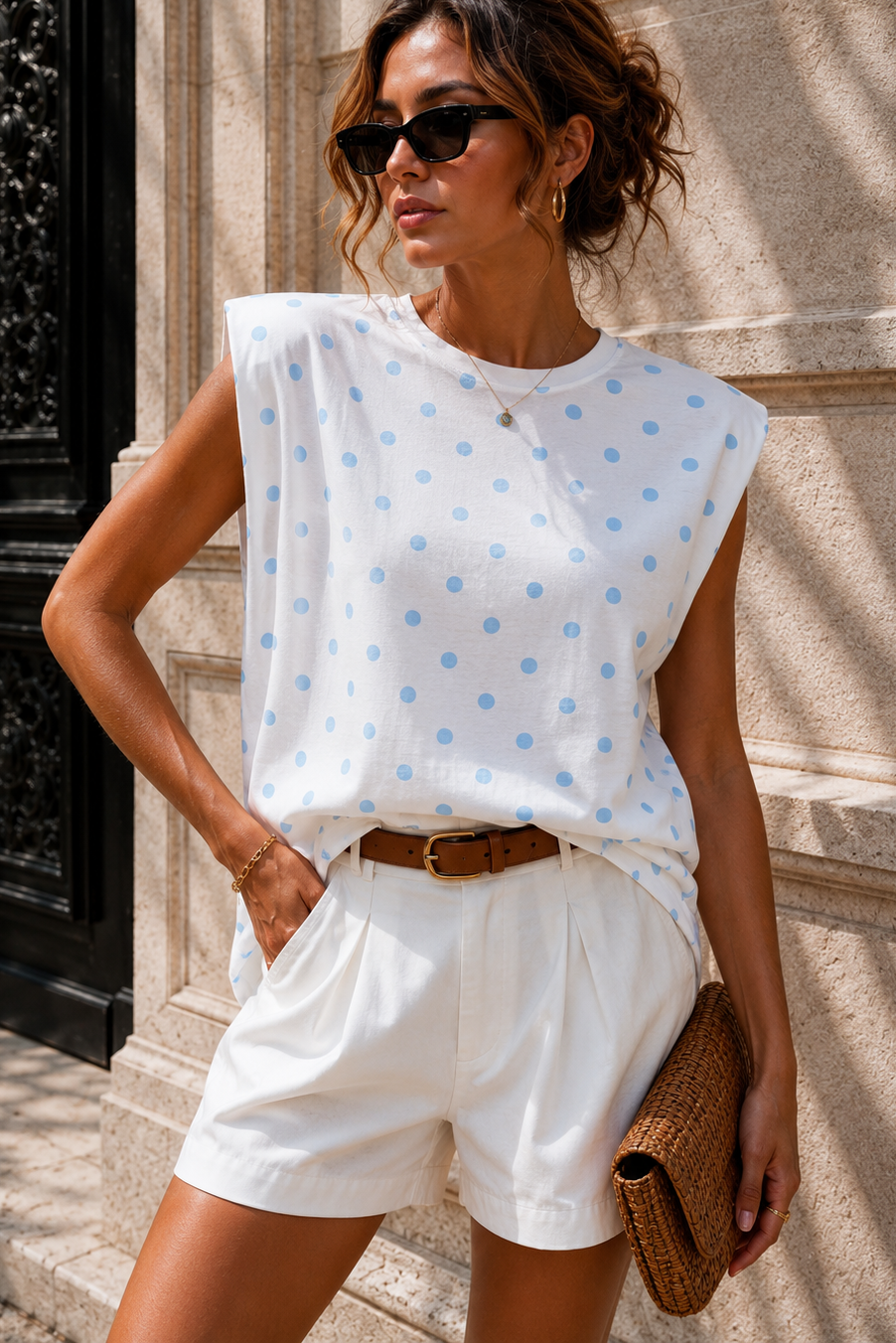Jolene White and Blue Polka Dot Shoulder Pad T Shirt
