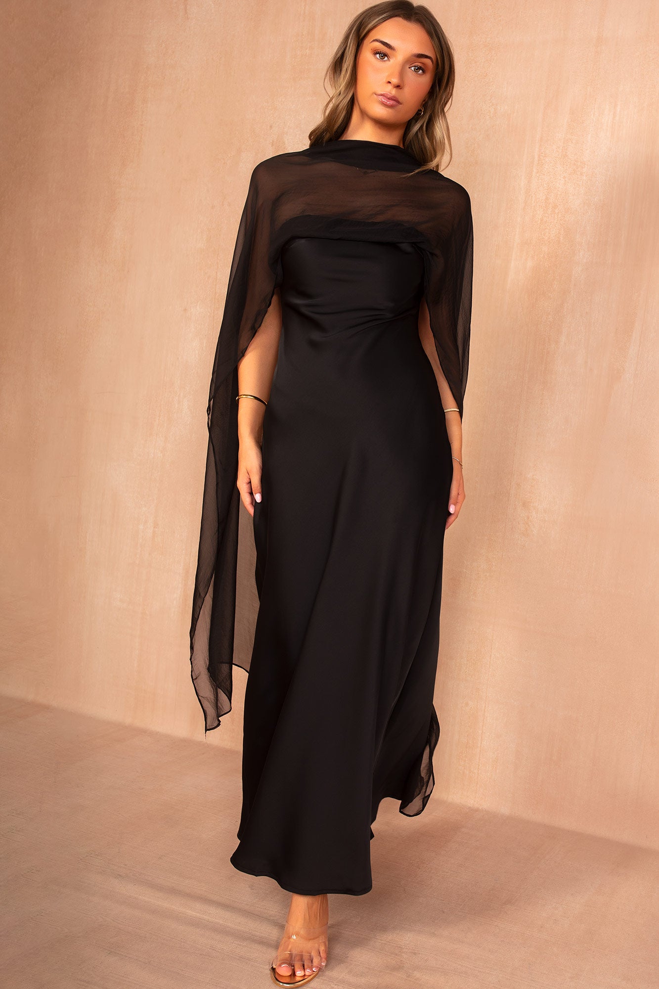 Josephine Black Satin Scarf Detail Maxi Dress