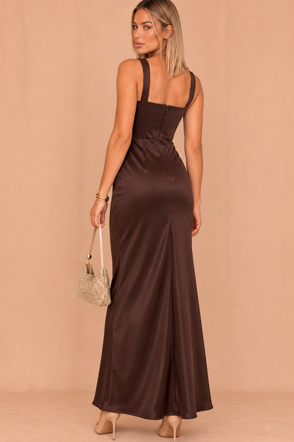 Justine Chocolate Satin Ruched Panel Maxi Dress