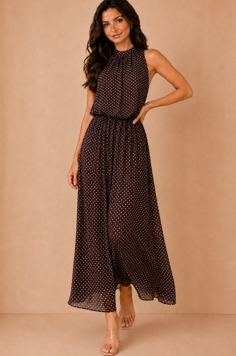 Kamala Chocolate Chiffon Polka Dot Maxi Dress