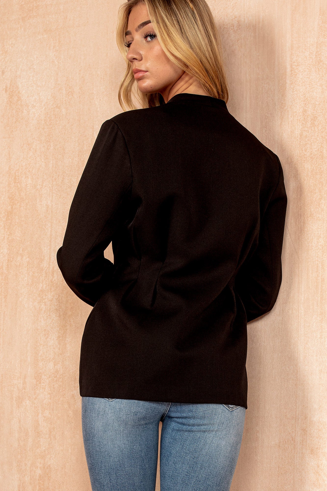Karina Black Collarless Cinch Waist Blazer