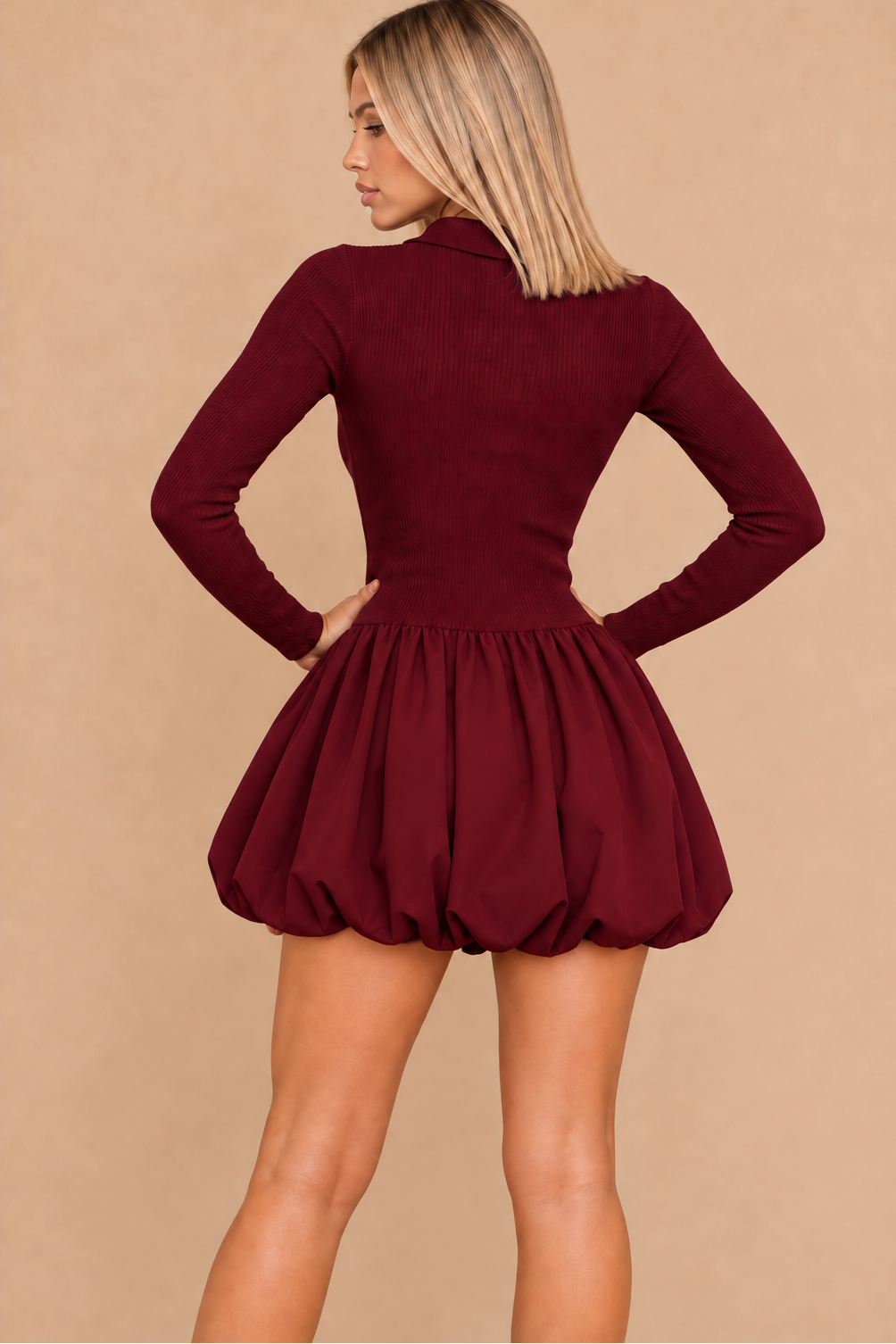 Keaton Burgundy Ribbed Knit Puffball Dress