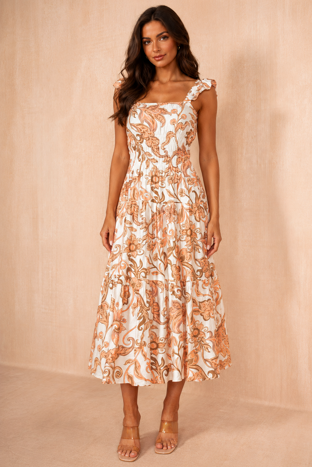Kimber Peach Boho Floral Smock Dress