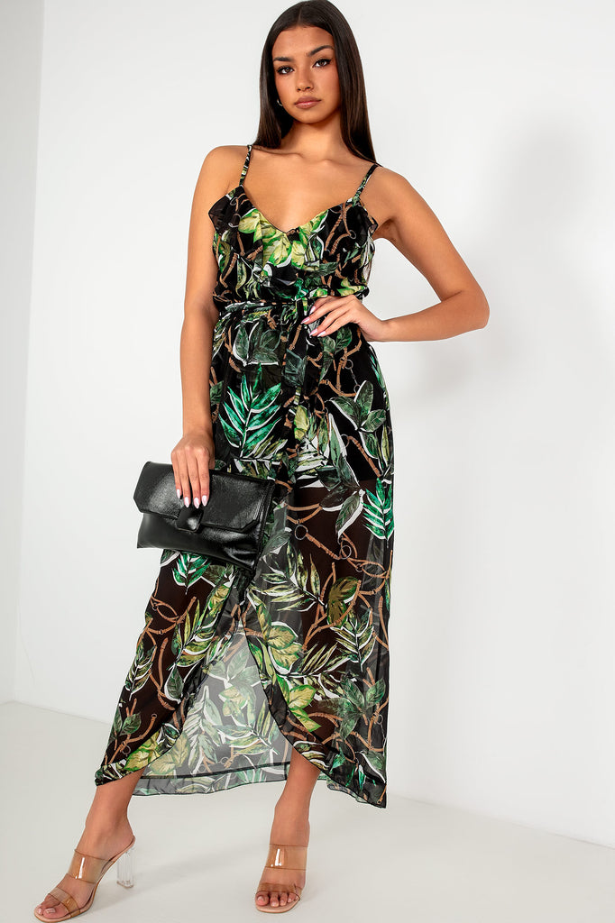 Kimberly Black Chiffon Leaf Print Dress