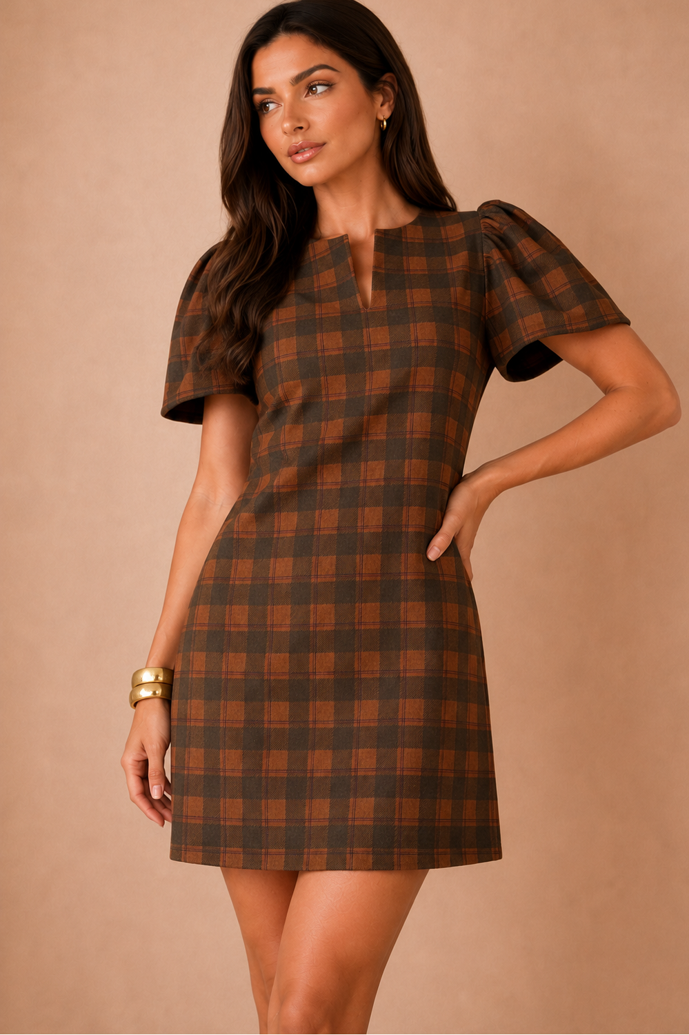 Kiri Khaki Check Puff Sleeve Dress