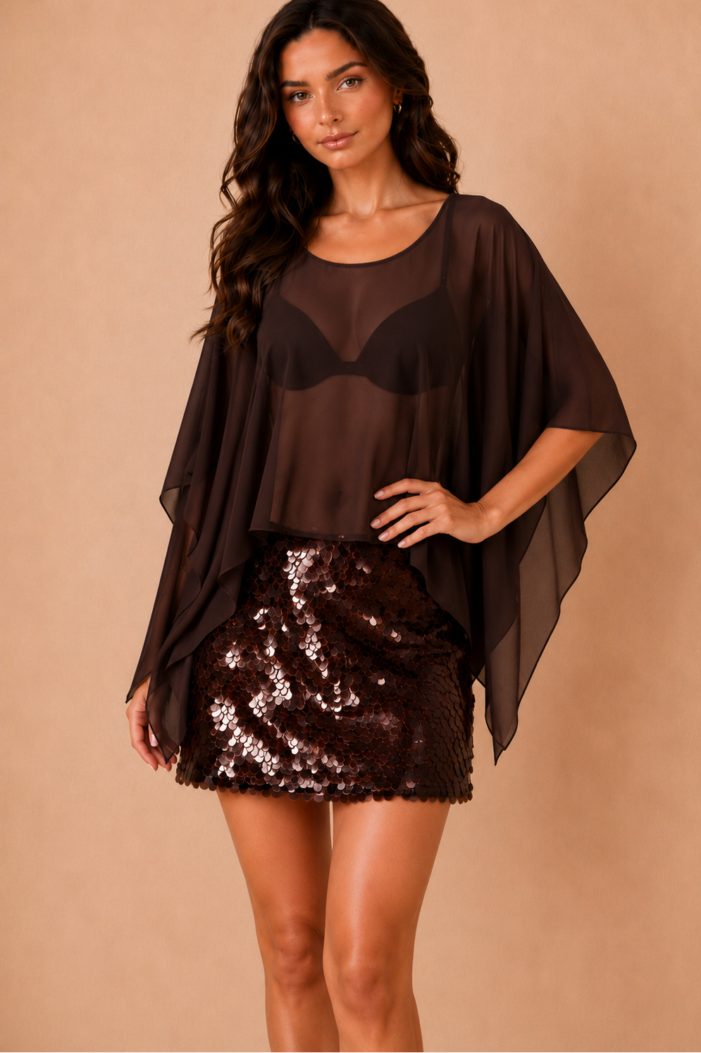 Koda Chocolate Chiffon Sheer Cape Top