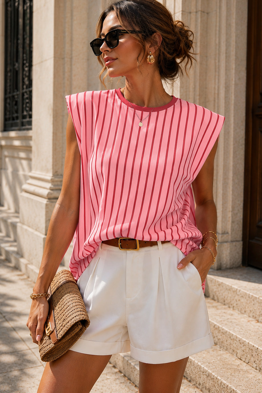 Kori Pink and Red Striped Cut Out T-Shirt