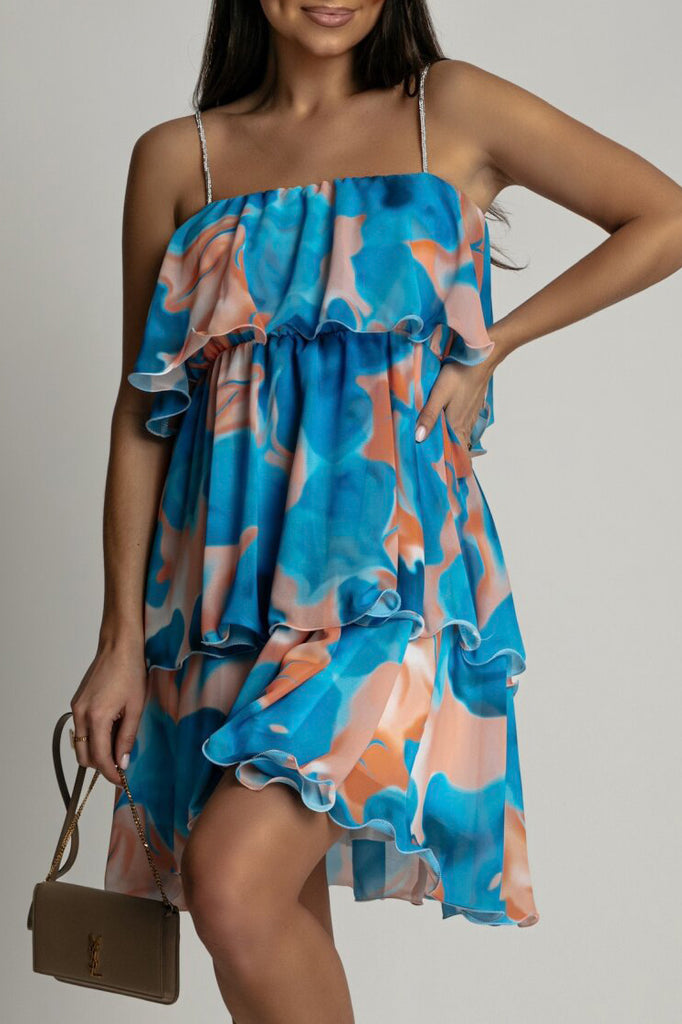 Lavina Blue and Orange Diamante Strap Print Dress