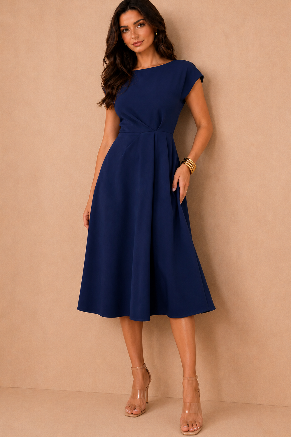Leni Navy Pleated Midi Dress