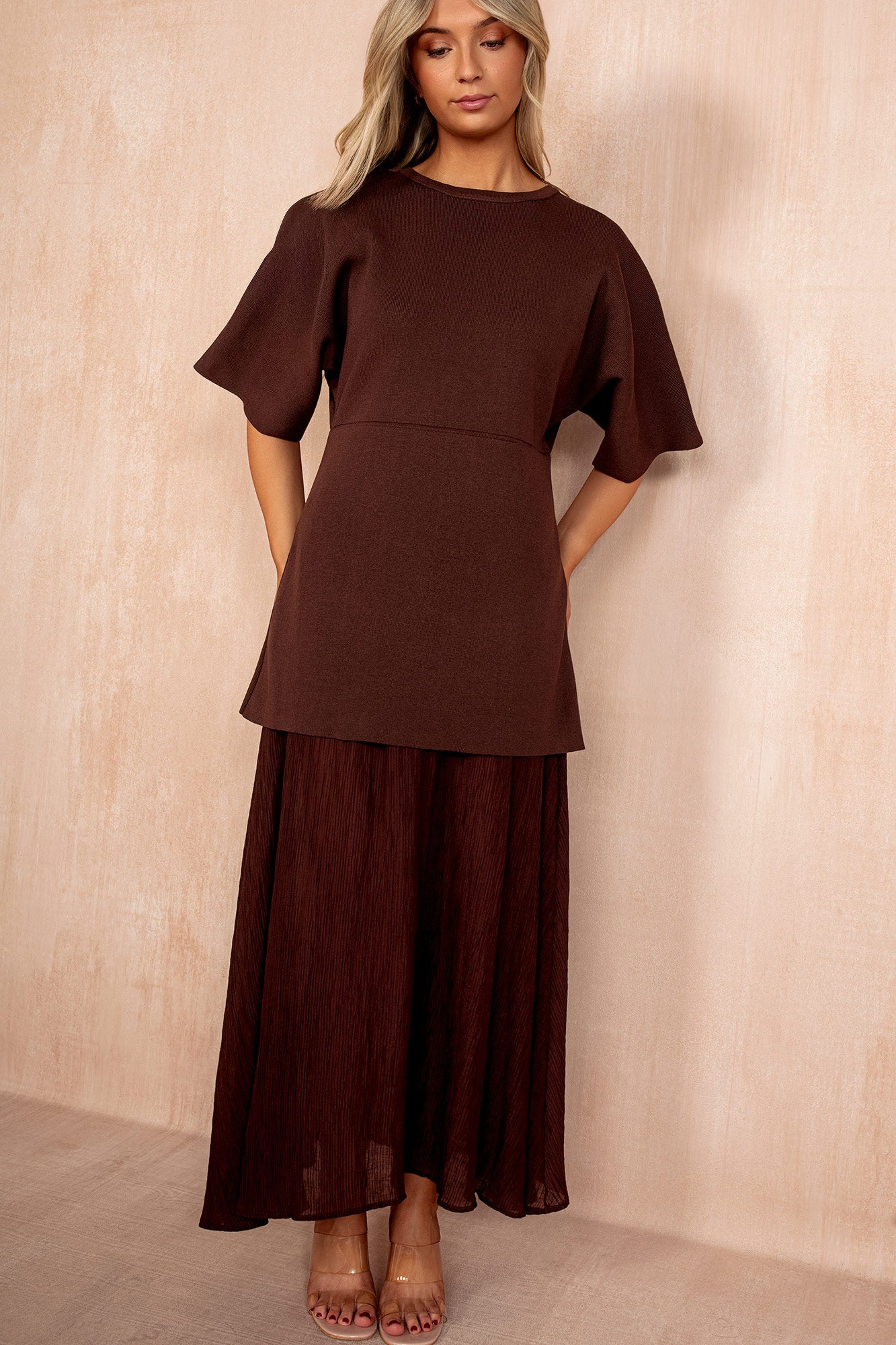 Lesley Chocolate Knit Contrast 2 in 1 Maxi Dress