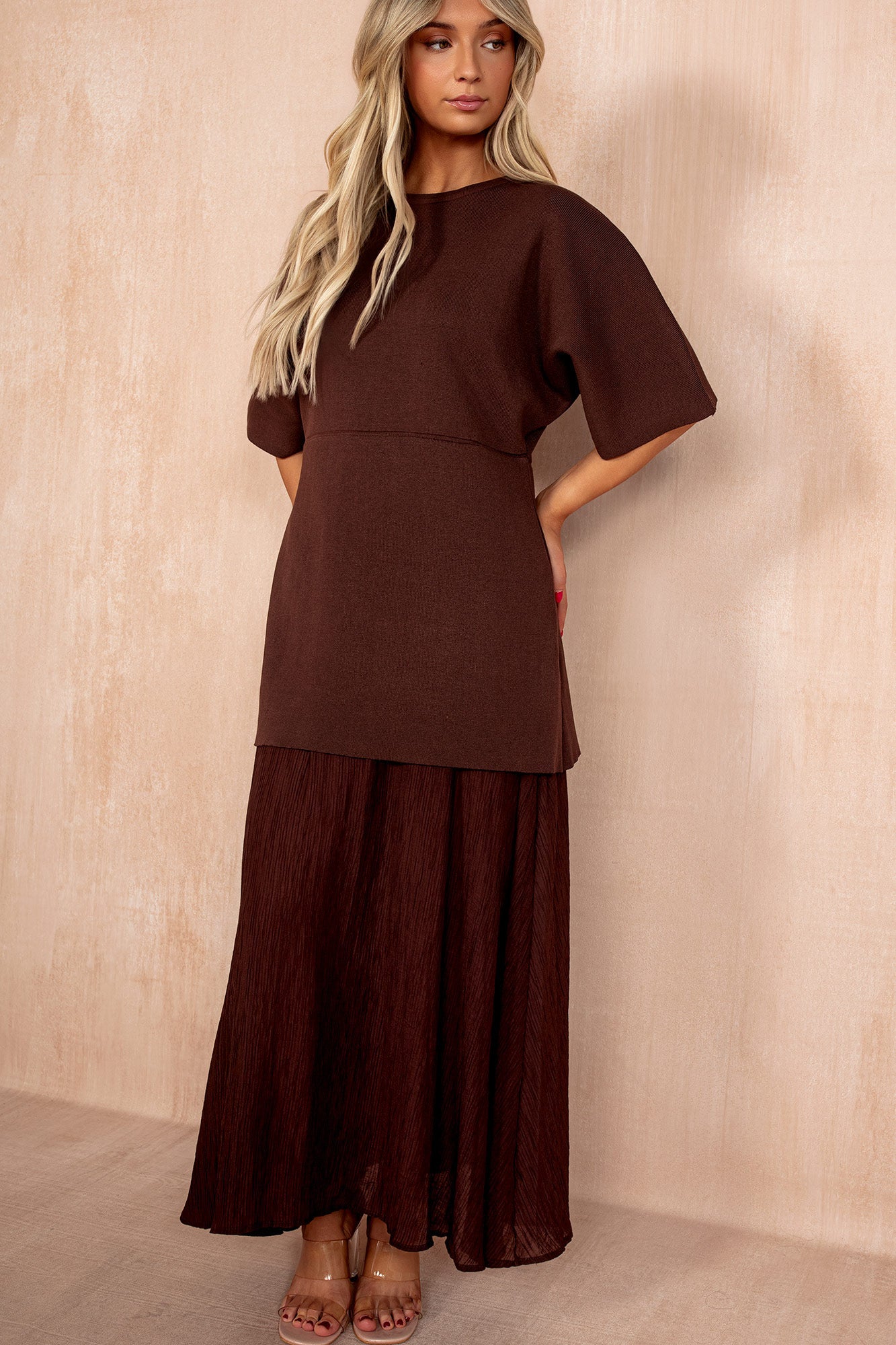 Lesley Chocolate Knit Contrast 2 in 1 Maxi Dress