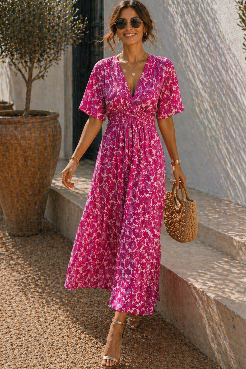 Linda Pink Cotton Print Maxi Dress