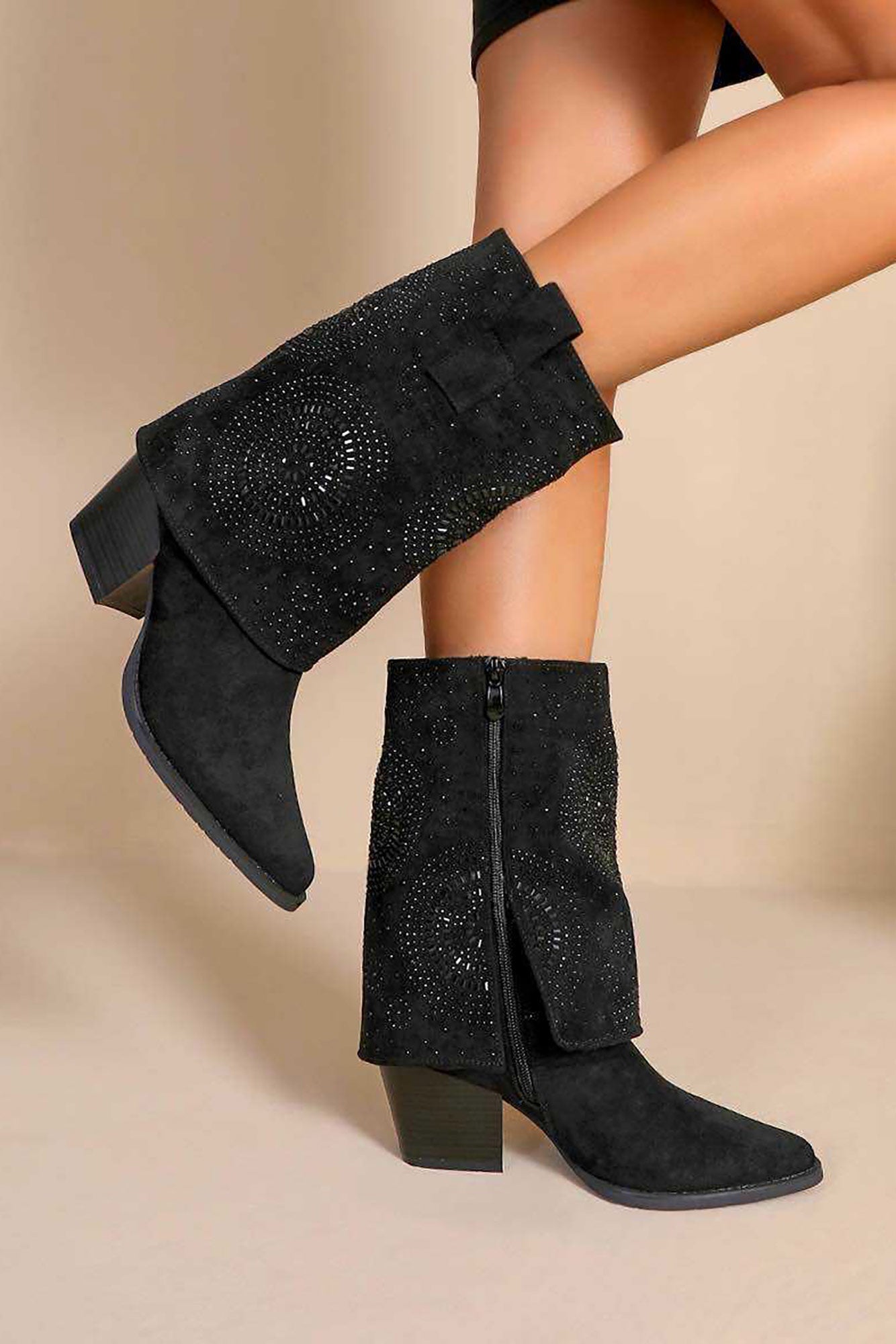 Lola Black Suedette Diamante Foldover Boots