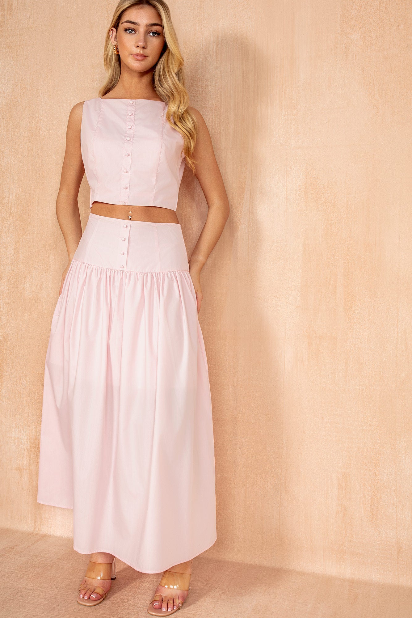 Lorena Pink Cotton Pleated Maxi Skirt